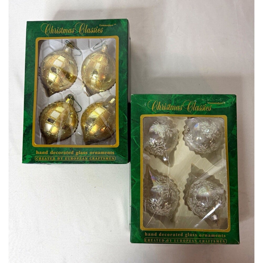 Vintage Commodore Glass Christmas Ornaments Lot 8 European Hand Decorated Boxed